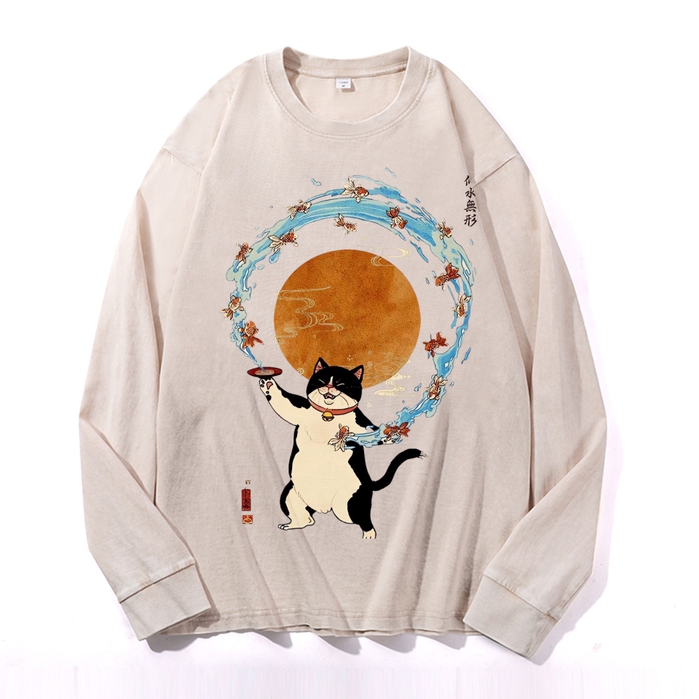 Goldfish Drunk Cat Deep Washed Vintage Long Sleeves T-Shirt-moweekender