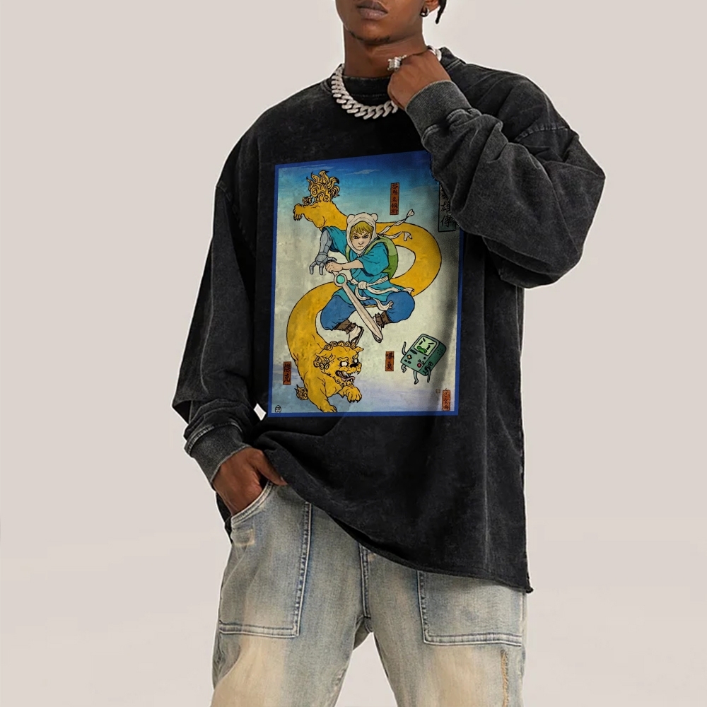 Hero Story Pattern Deep Washed Vintage Long Sleeves T-Shirt-moweekender