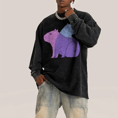 Capybara Pattern Deep Washed Vintage Long Sleeves T-Shirt-moweekender