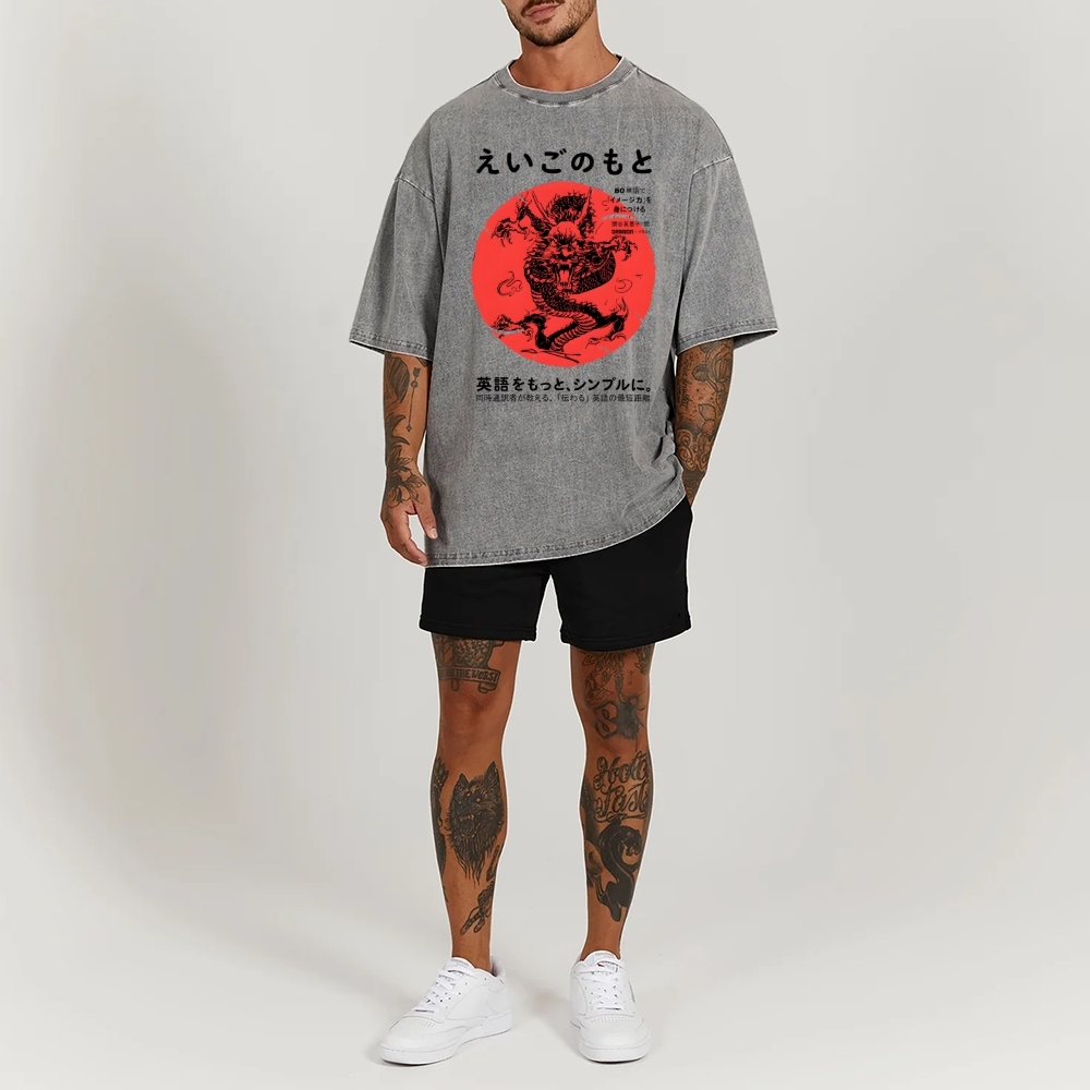 Loong Pattern Printed Washed Vintage Short Sleeves T-Shirt-moweekender