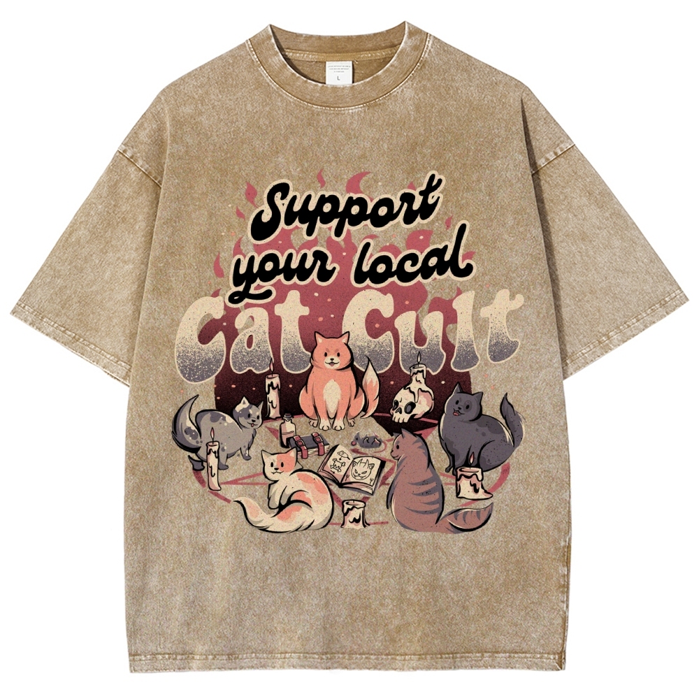 Support Your Local Cat Cult Vintage Snowflake Washed T-Shirt-moweekender