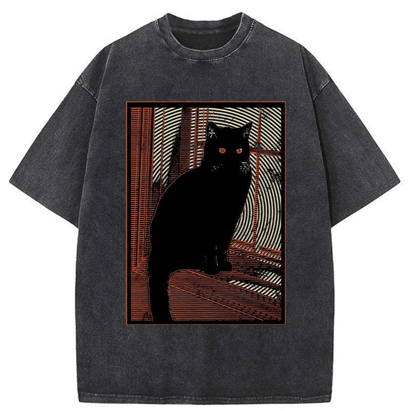Mysterious Black Cat Washed Vintage T-Shirt-moweekender