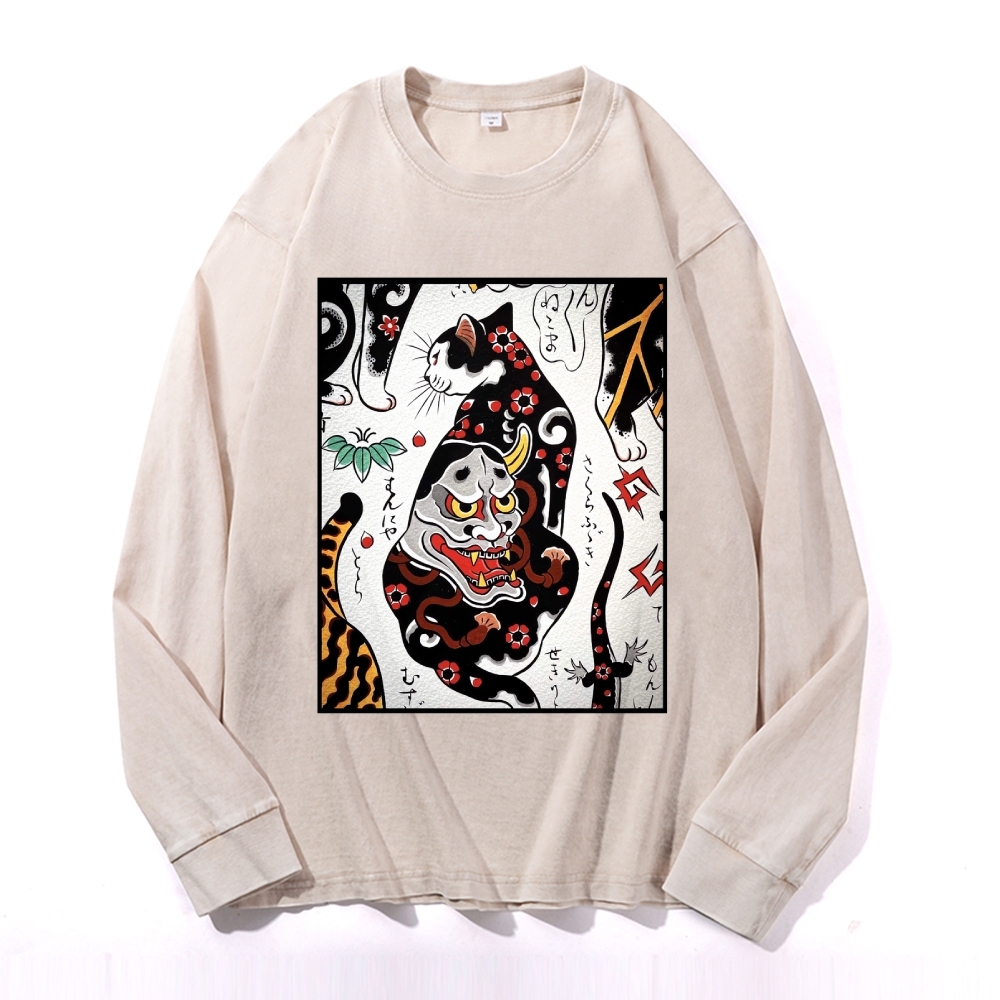 Demon Mask Tattoo Cat Deep Washed Vintage Long Sleeves T-Shirt-moweekender
