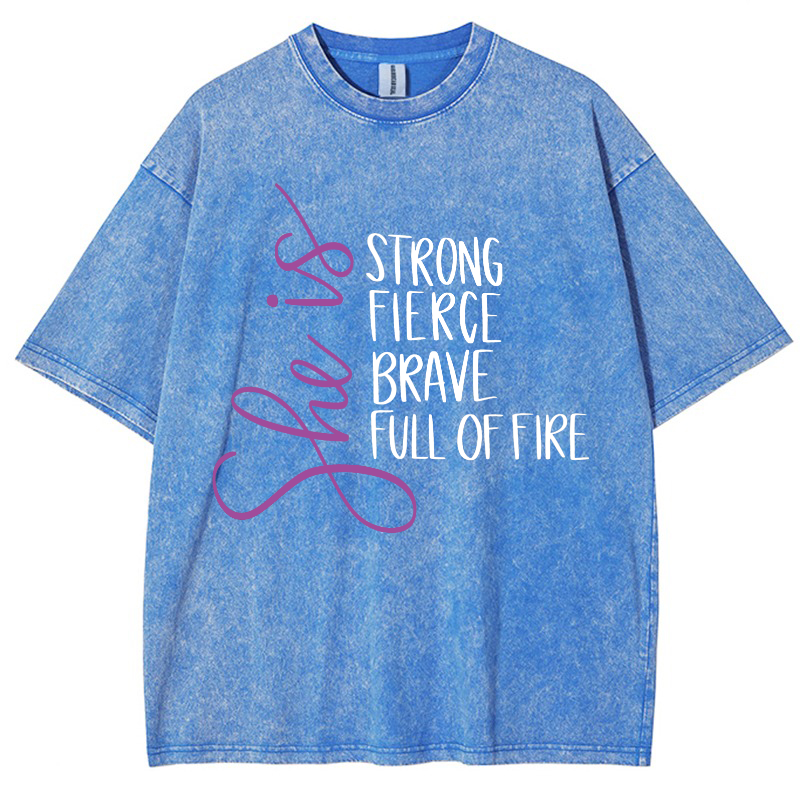 She Is Strong Fierce Brave Full Of Fire Vintage Snowflake Washed T-Shirt-moweekender