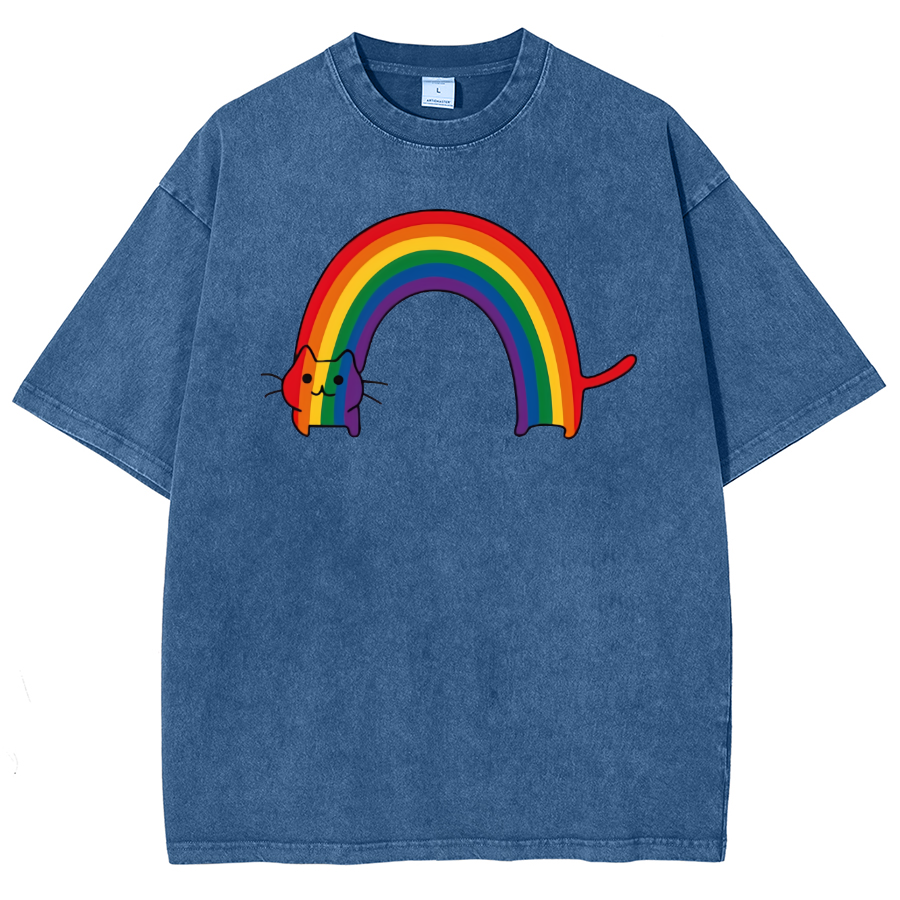 Rainbow Cat Washed Oversized T-Shirt-moweekender