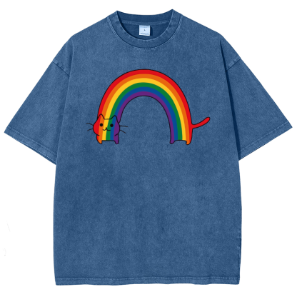 Rainbow Cat Washed Oversized T-Shirt-moweekender