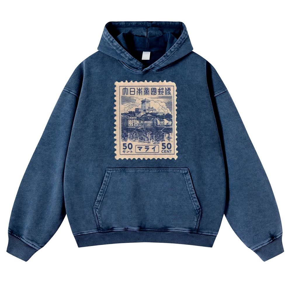 Japan Old Stamp Pattern Vintage Washed Hoodie-moweekender