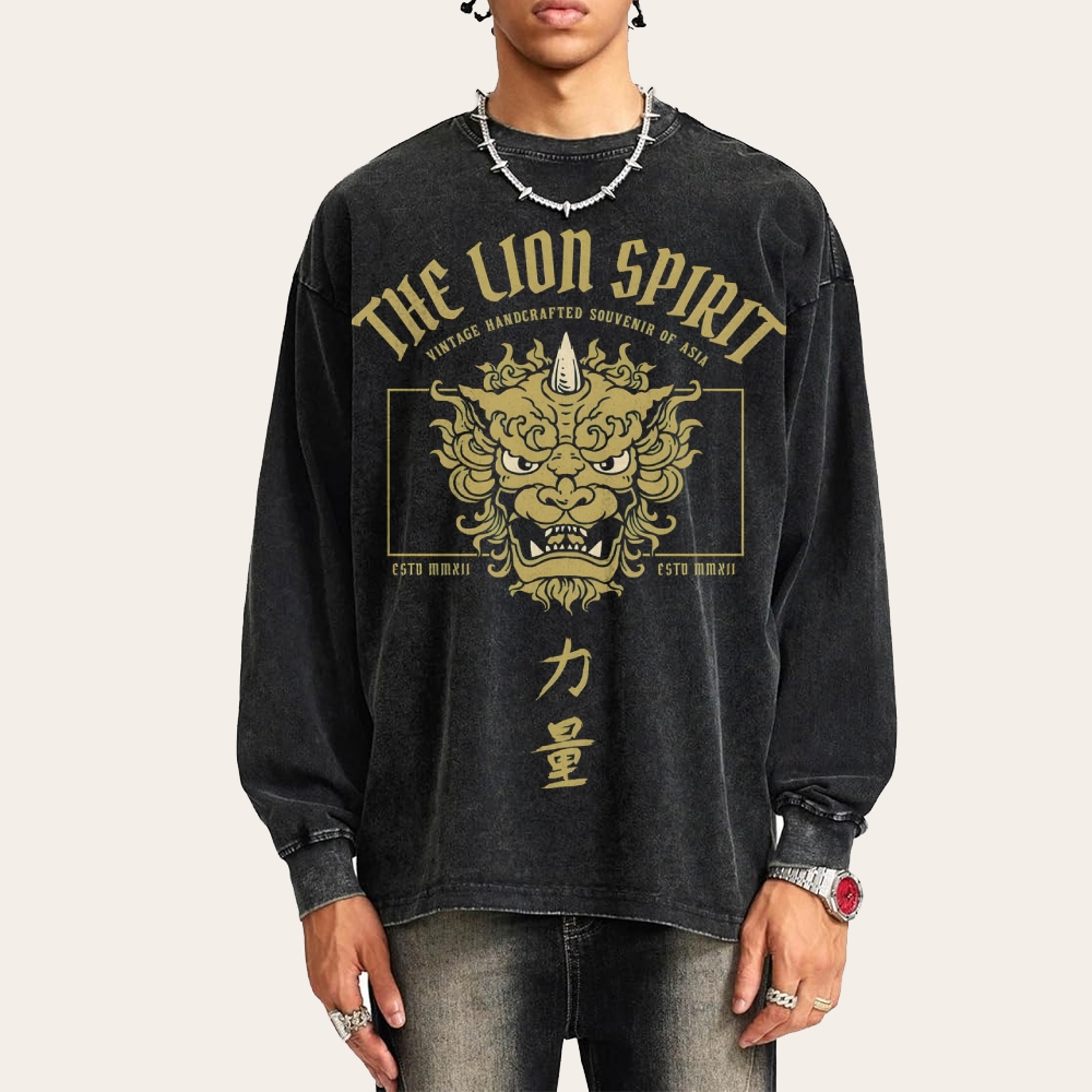 Lion Power Pattern Deep Washed Vintage Long Sleeves T-Shirt-moweekender