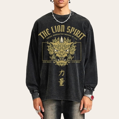 Lion Power Pattern Deep Washed Vintage Long Sleeves T-Shirt-moweekender