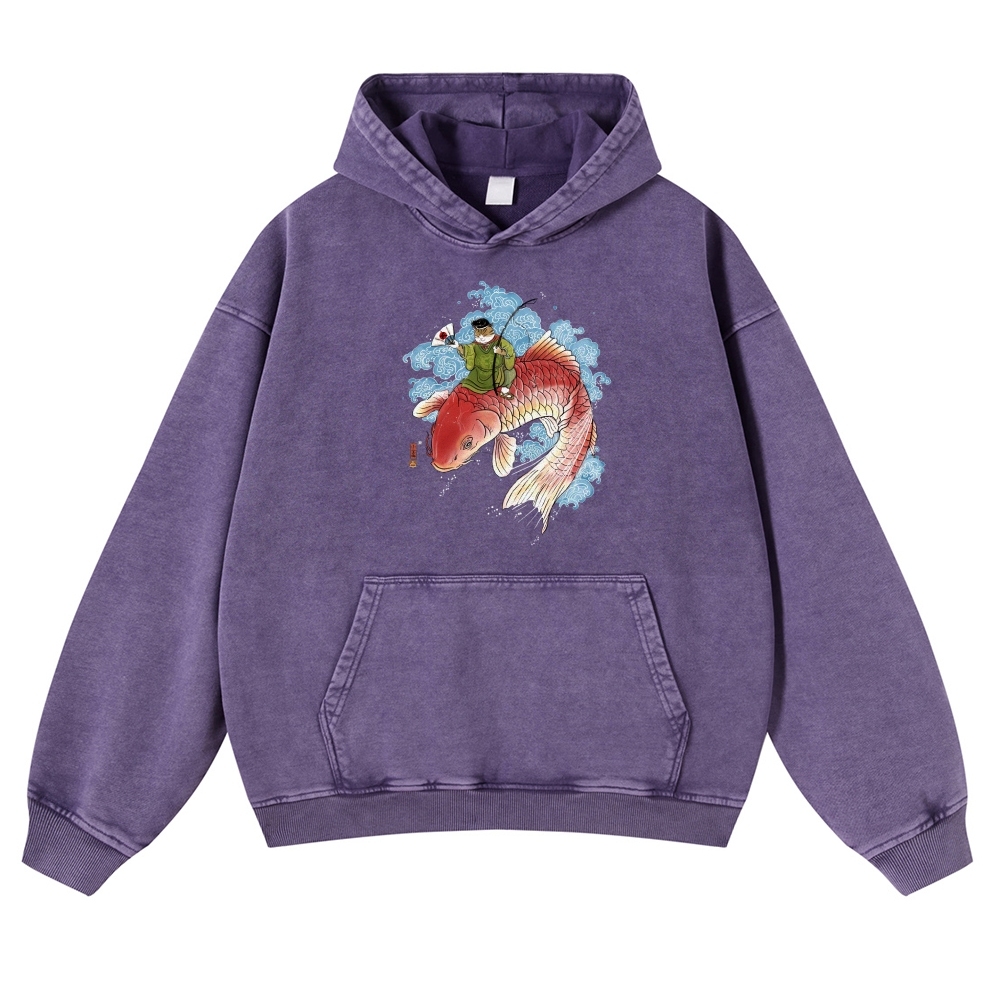 Carp Cat Ukiyoe Pattern Vintage Washed Hoodie-moweekender