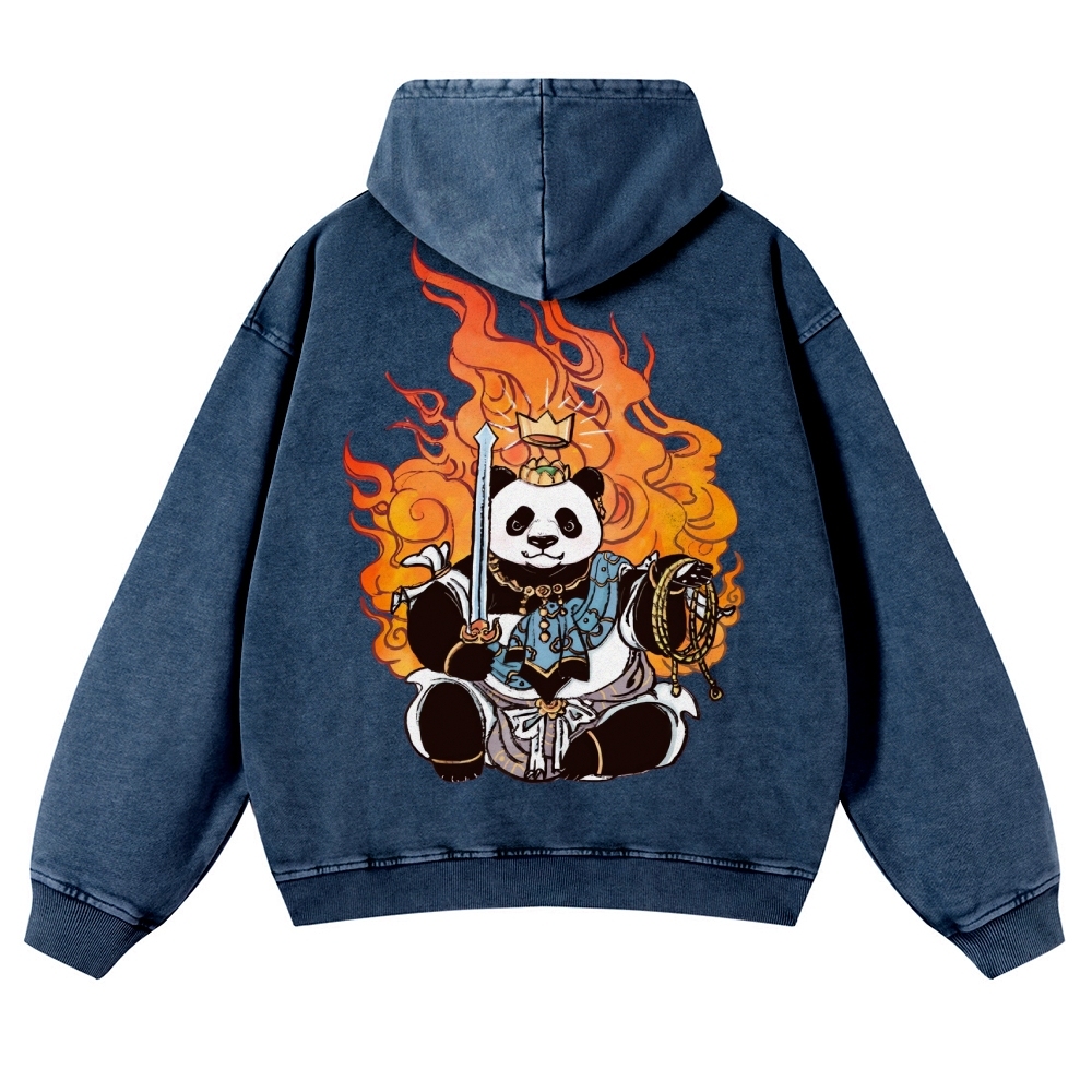 Panda King Pattern Printed Vintage Washed Hoodie-moweekender
