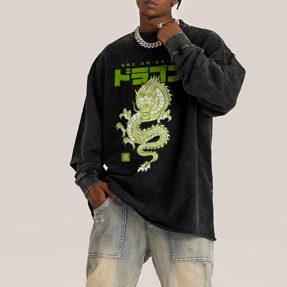 Loong Totem Casual Deep Washed Vintage Long Sleeves T-Shirt-moweekender