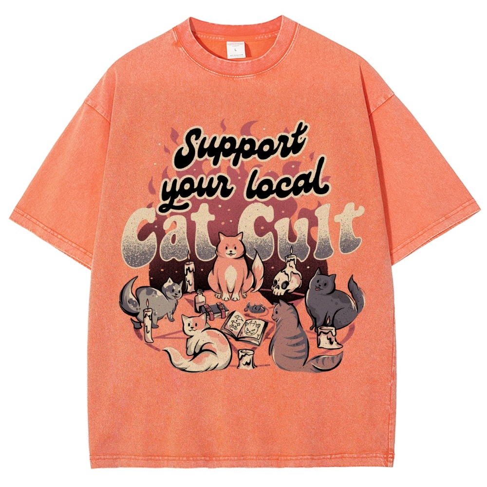 Support Your Local Cat Cult Vintage Snowflake Washed T-Shirt-moweekender