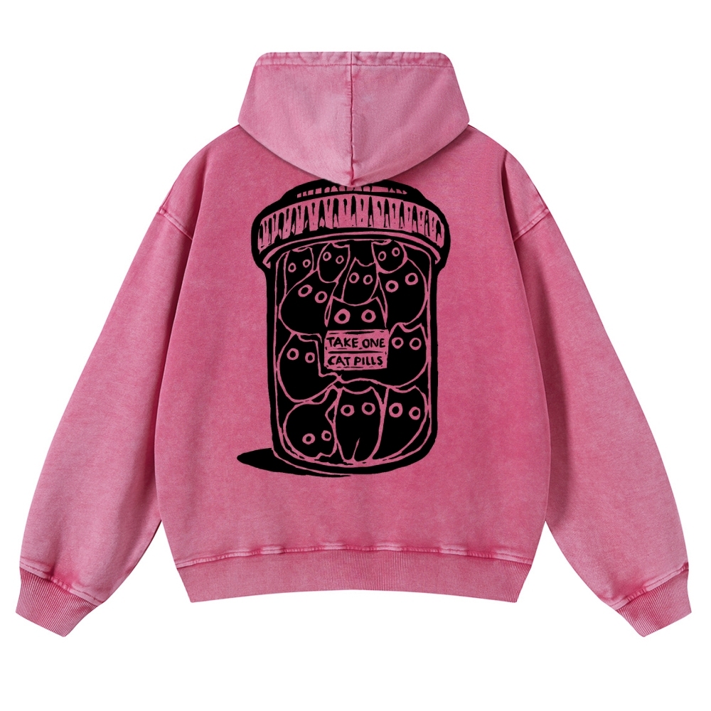 Black Cat Pills Pattern Vintage Washed Hoodie-moweekender