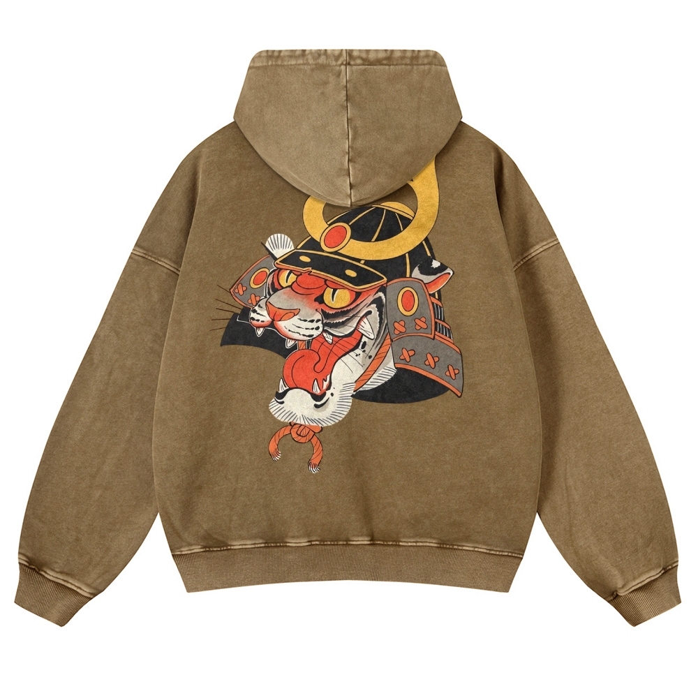 Tiger Warrior Pattern Printed Vintage Washed Hoodie-moweekender