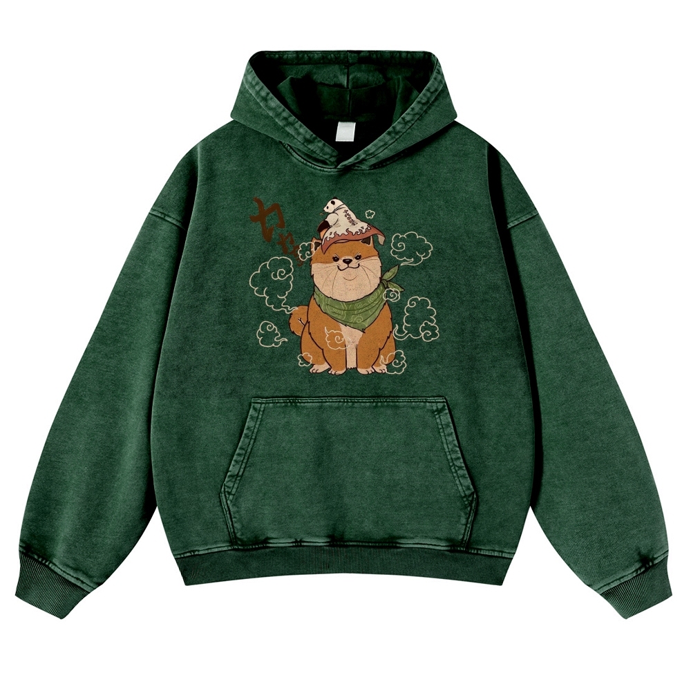 Japanese Panda Shiba Inu Pattern Vintage Washed Hoodie-moweekender