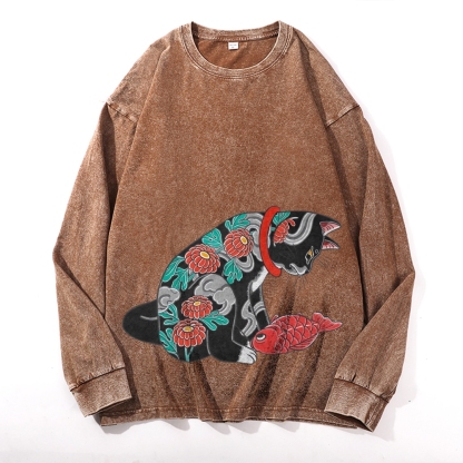 Flower Tattoo Cat Deep Washed Vintage Long Sleeves T-Shirt-moweekender