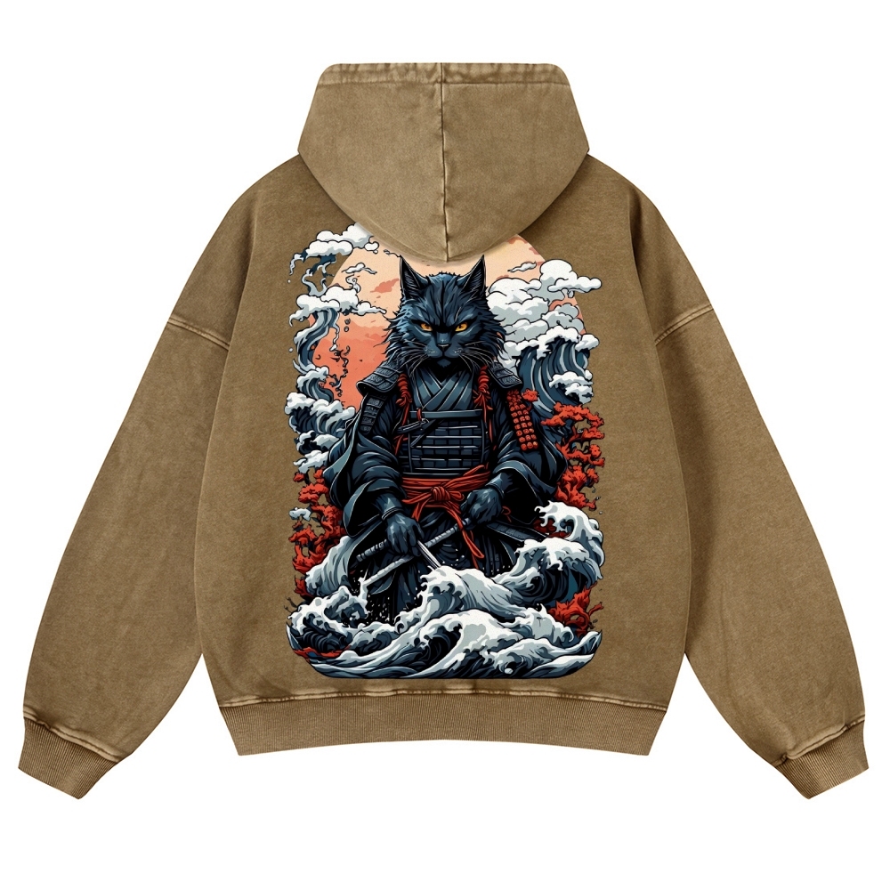 Cat Warrior Wave Ukiyoe Vintage Washed Hoodie-moweekender