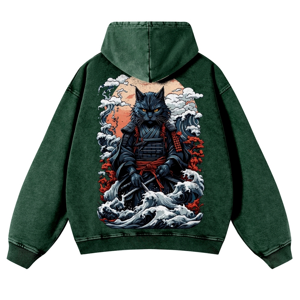 Cat Warrior Wave Ukiyoe Vintage Washed Hoodie-moweekender