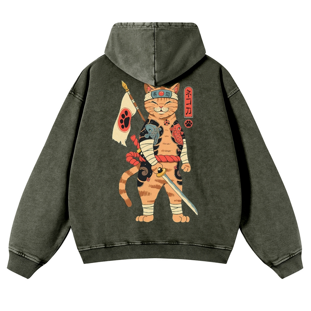 Sushi Warrior Cat Casual Vintage Washed Hoodie-moweekender