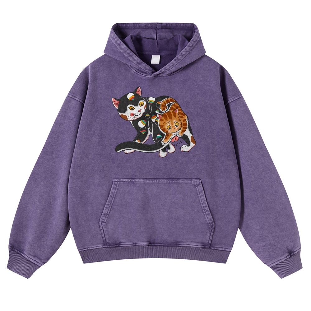 Curious Cat Pattern Printed Vintage Washed Hoodie-moweekender