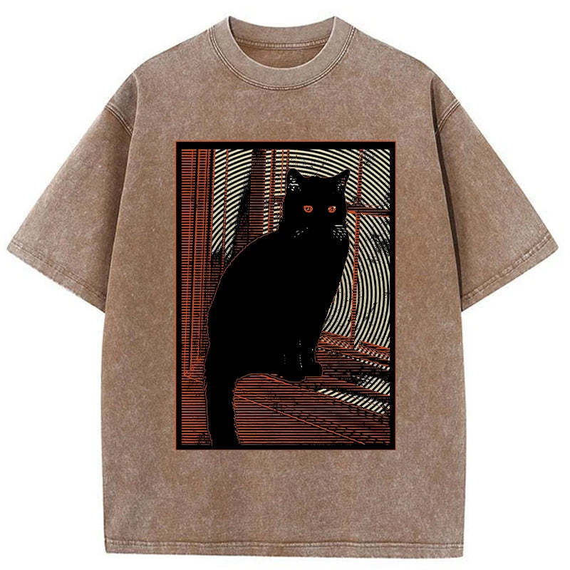Mysterious Black Cat Washed Vintage T-Shirt-moweekender