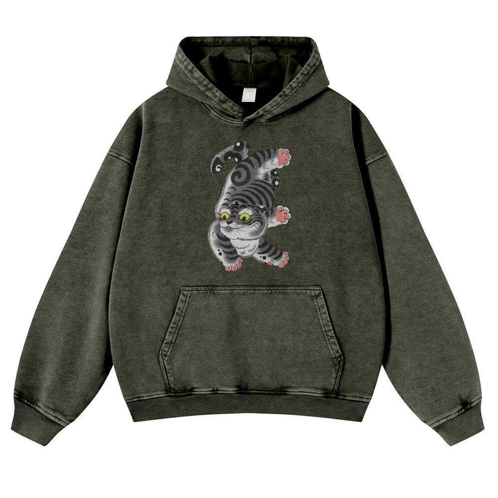 Japanese Cat Printed Vintage Washed Hoodie-moweekender