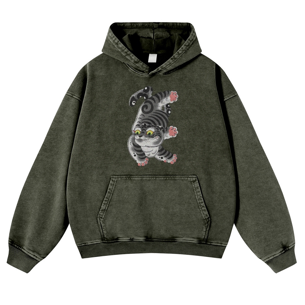 Japanese Cat Printed Vintage Washed Hoodie-moweekender
