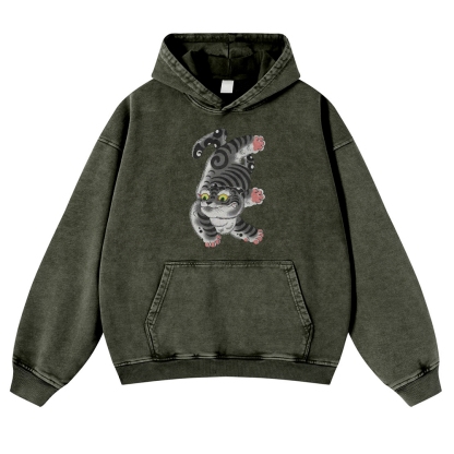 Japanese Cat Printed Vintage Washed Hoodie-moweekender