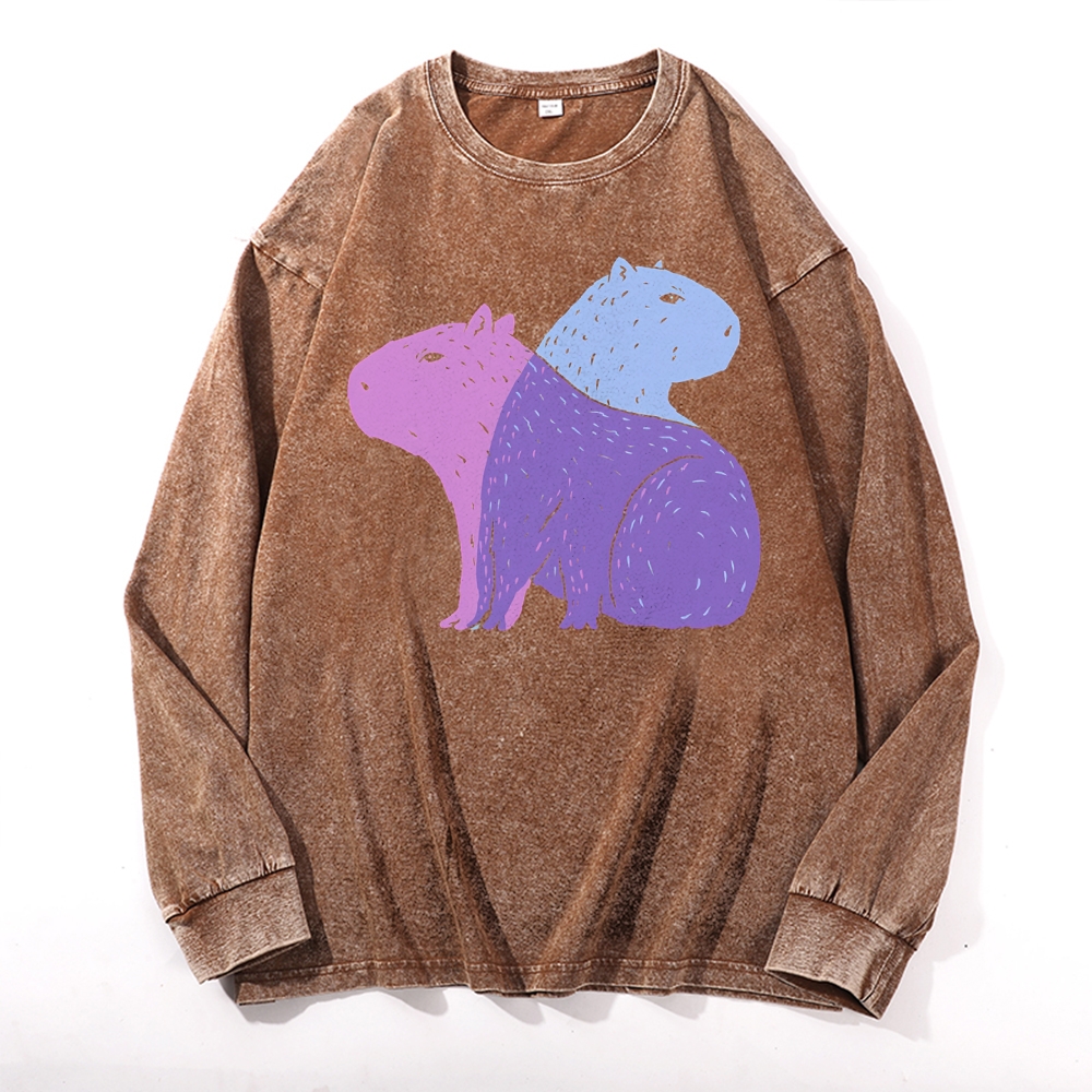 Capybara Pattern Deep Washed Vintage Long Sleeves T-Shirt-moweekender