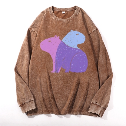 Capybara Pattern Deep Washed Vintage Long Sleeves T-Shirt-moweekender