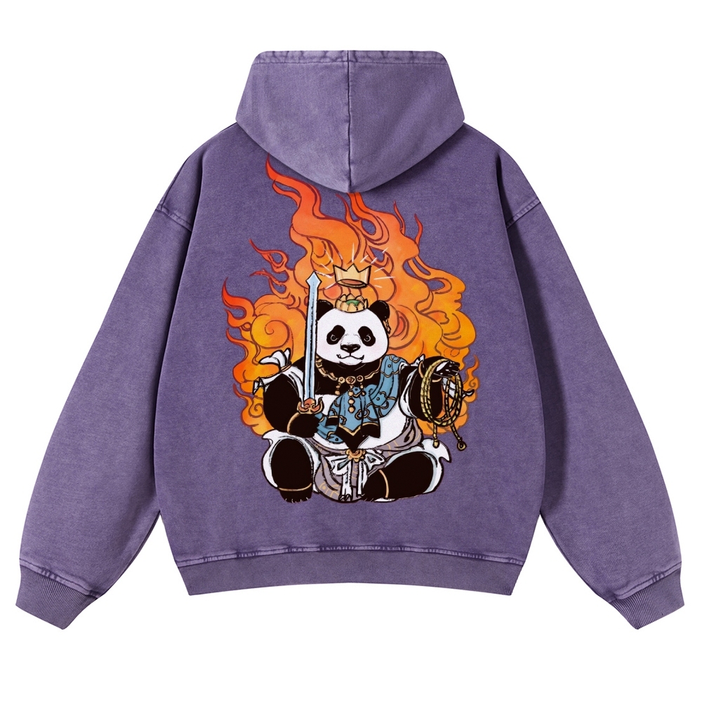Panda King Pattern Printed Vintage Washed Hoodie-moweekender