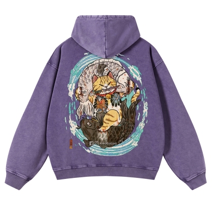 Japan Samurai Cat Vintage Washed Hoodie-moweekender