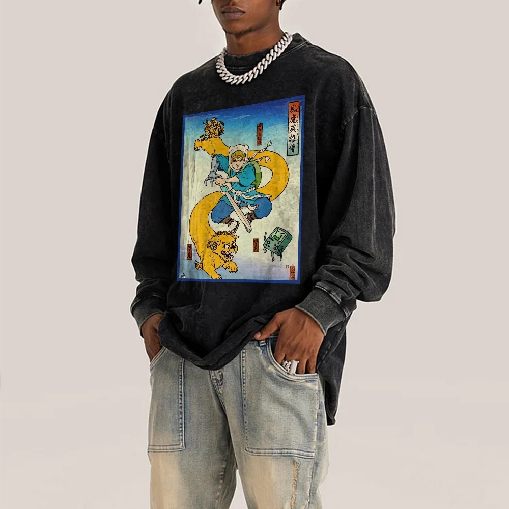 Hero Story Pattern Deep Washed Vintage Long Sleeves T-Shirt-moweekender