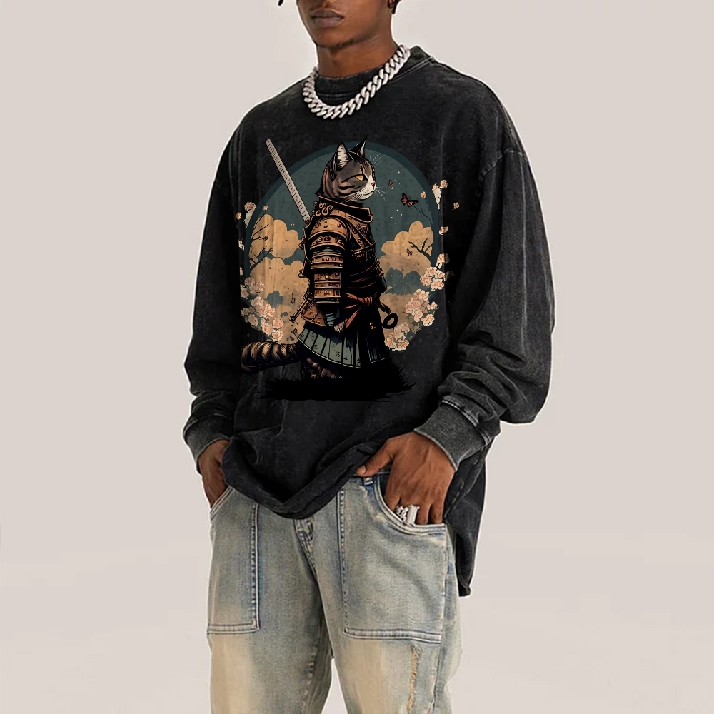 Japanese Armor Cat Deep Washed Vintage Long Sleeves T-Shirt-moweekender
