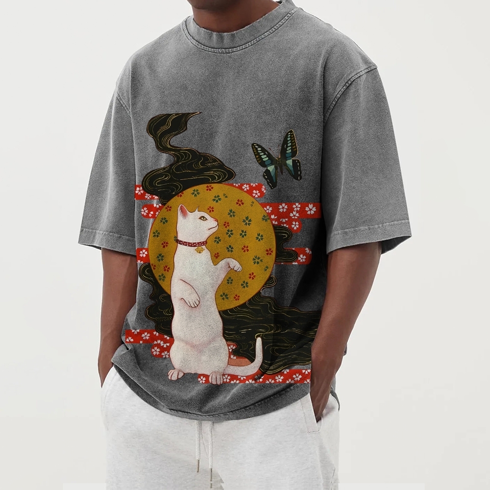Butterfly Cat Pattern Casual Washed Vintage Short Sleeves T-Shirt-moweekender