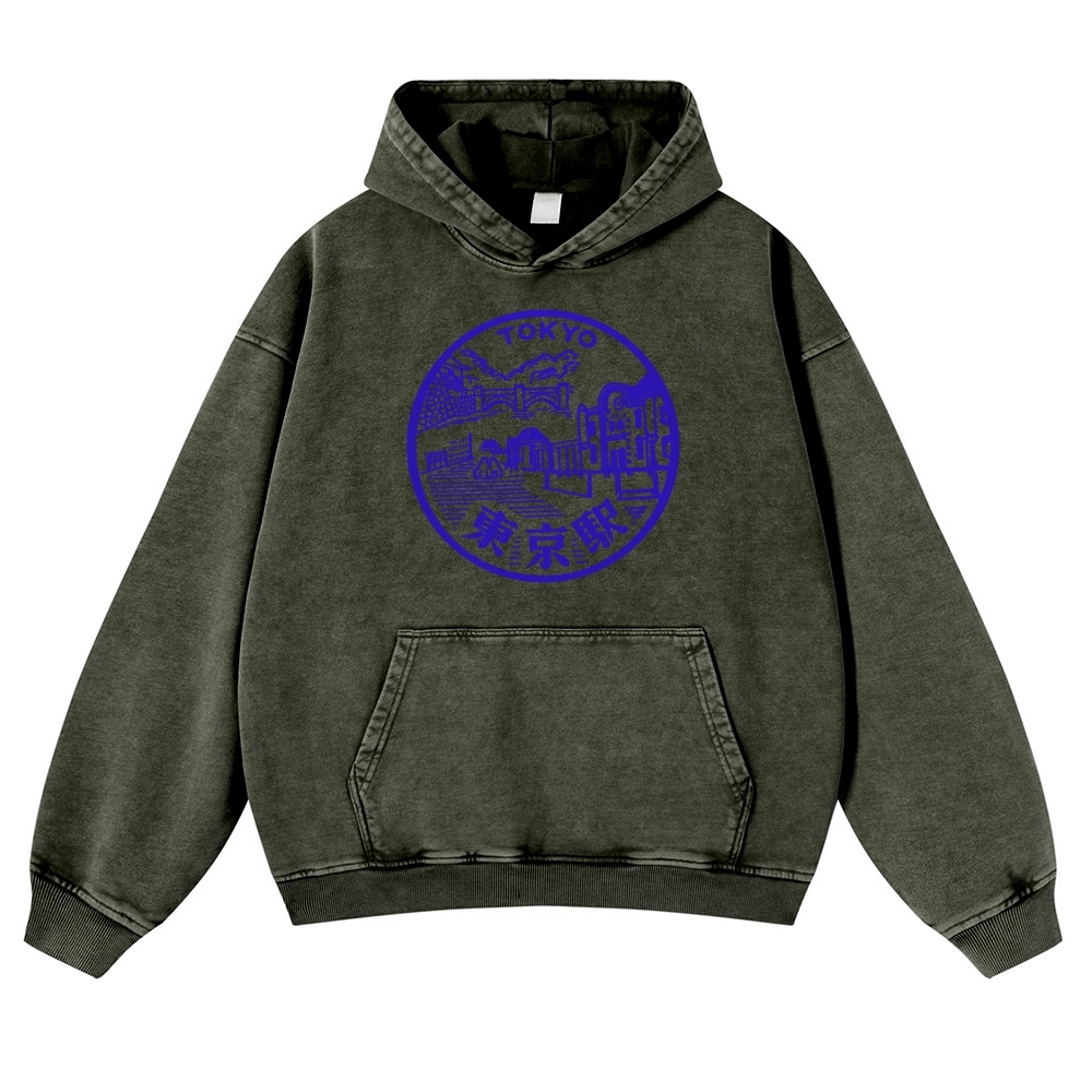 Tokyo Station Sign Vintage Washed Hoodie-moweekender