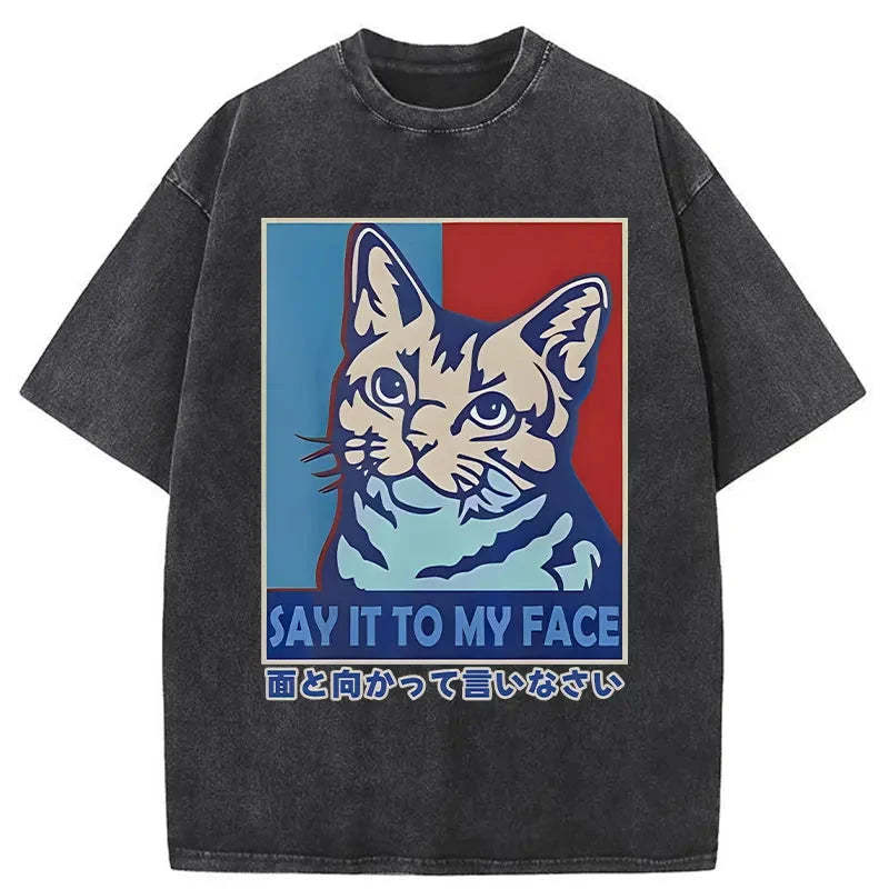 Say It To Cat Face Washed Vintage T-Shirt-moweekender