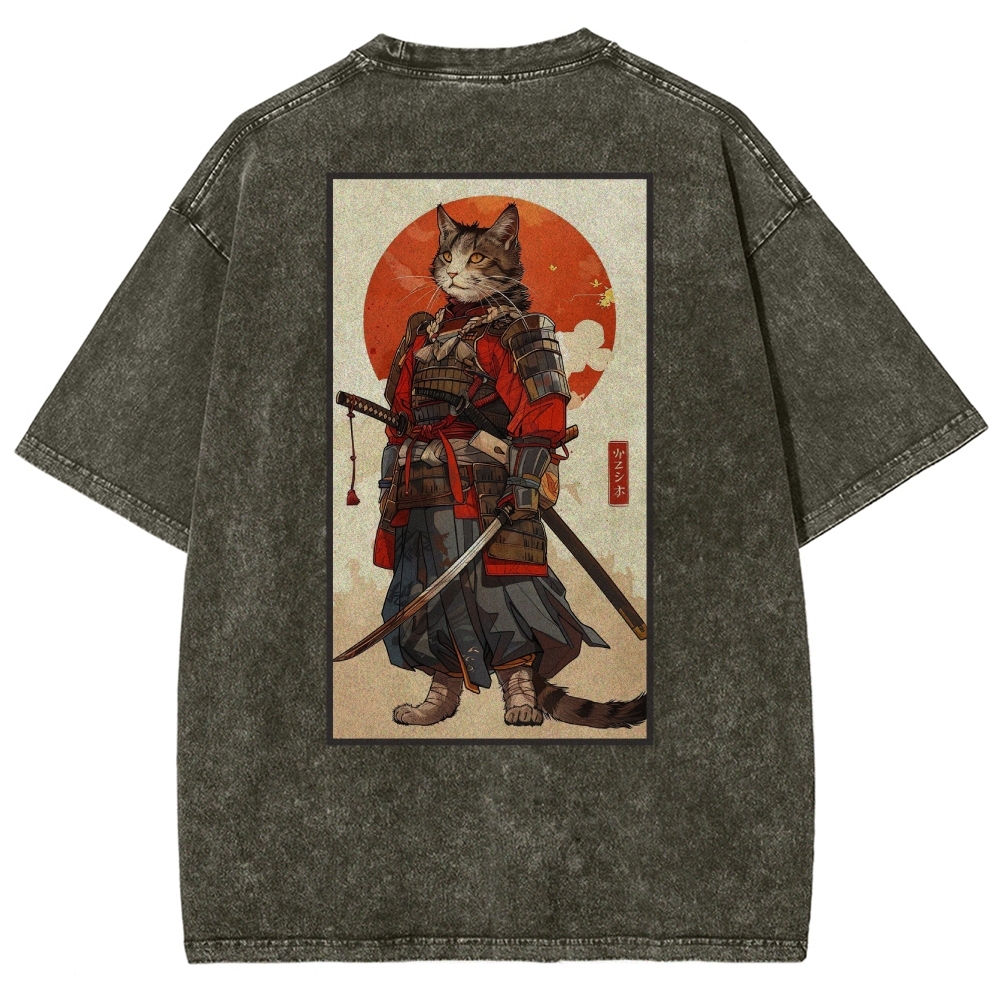Casual Warrior Cat Washed Vintage Short Sleeves T-Shirt-moweekender