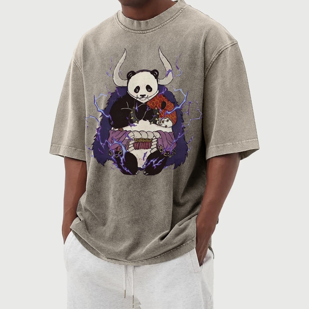 Panda Demon Pattern Casual Washed Vintage Short Sleeves T-Shirt-moweekender