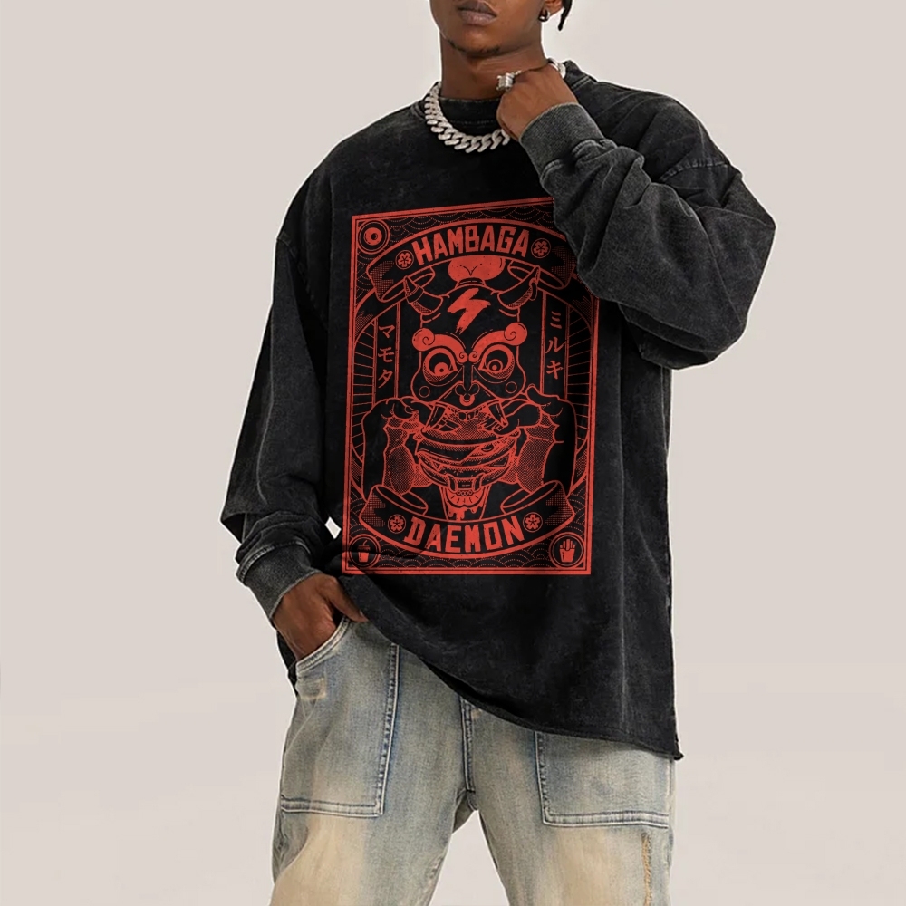 Demon Burger Printed Deep Washed Vintage Long Sleeves T-Shirt-moweekender