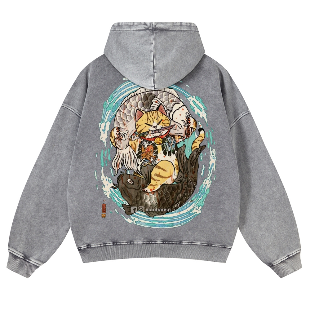 Japan Samurai Cat Vintage Washed Hoodie-moweekender