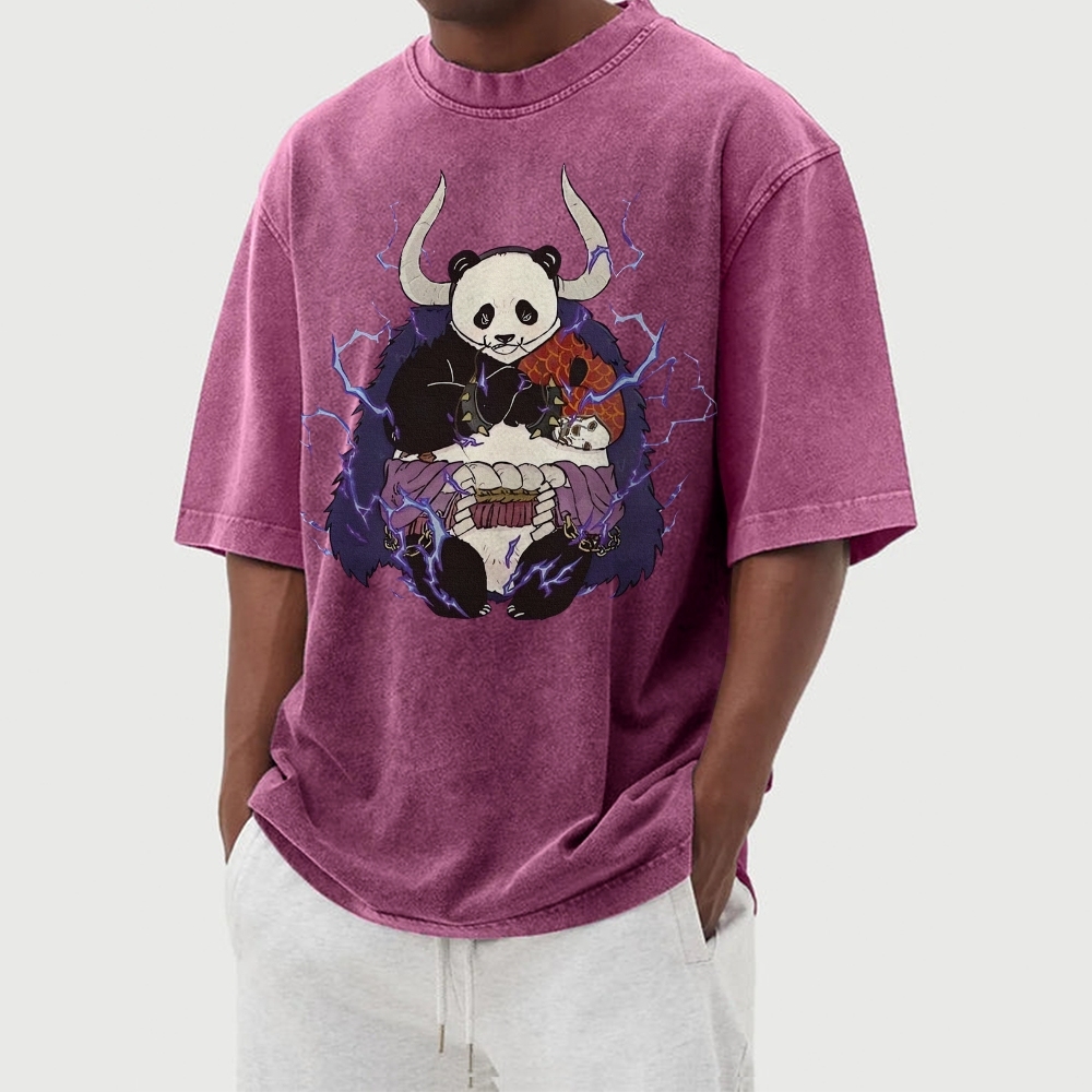 Panda Demon Pattern Casual Washed Vintage Short Sleeves T-Shirt-moweekender