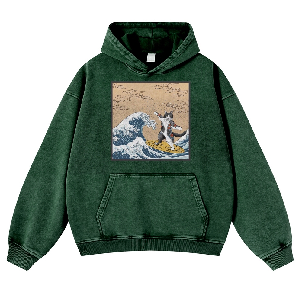 Surf-Bored Cat Ukiyoe Pattern Vintage Washed Hoodie-moweekender