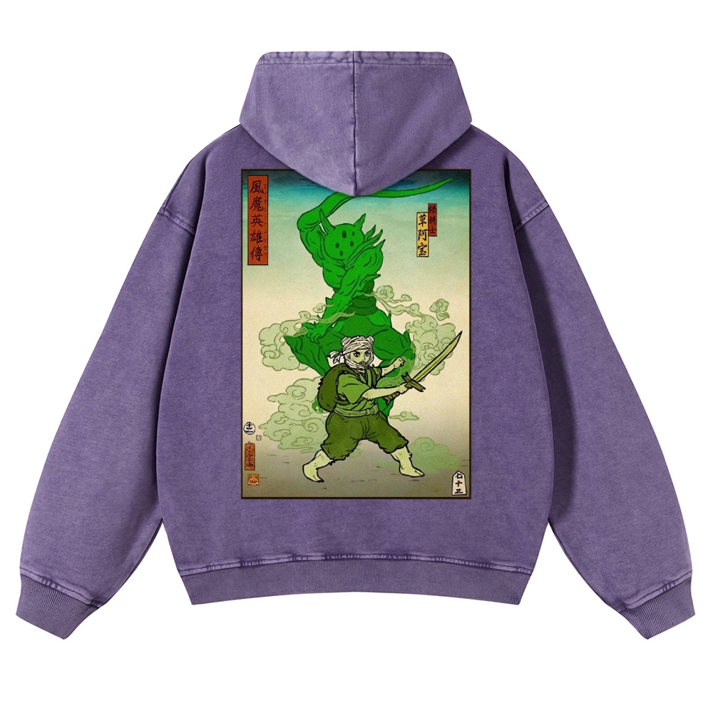 Hero Story Pattern Printed Vintage Washed Hoodie-moweekender