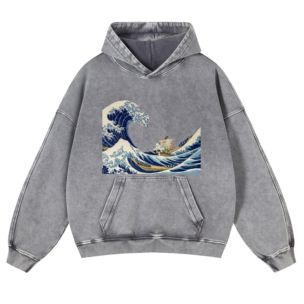 Wave Ukiyoe Pattern Vintage Washed Hoodie-moweekender