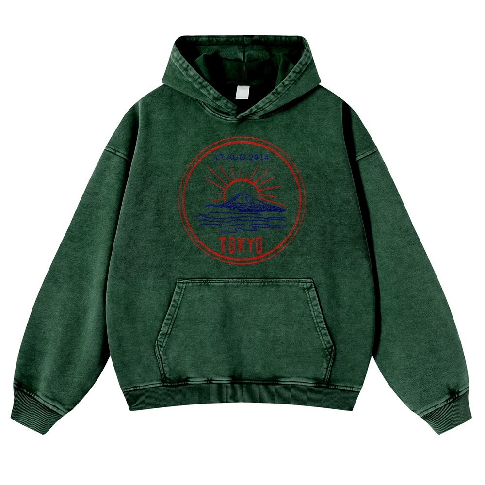 Tokyo Sunrise Sea Pattern Vintage Washed Hoodie-moweekender