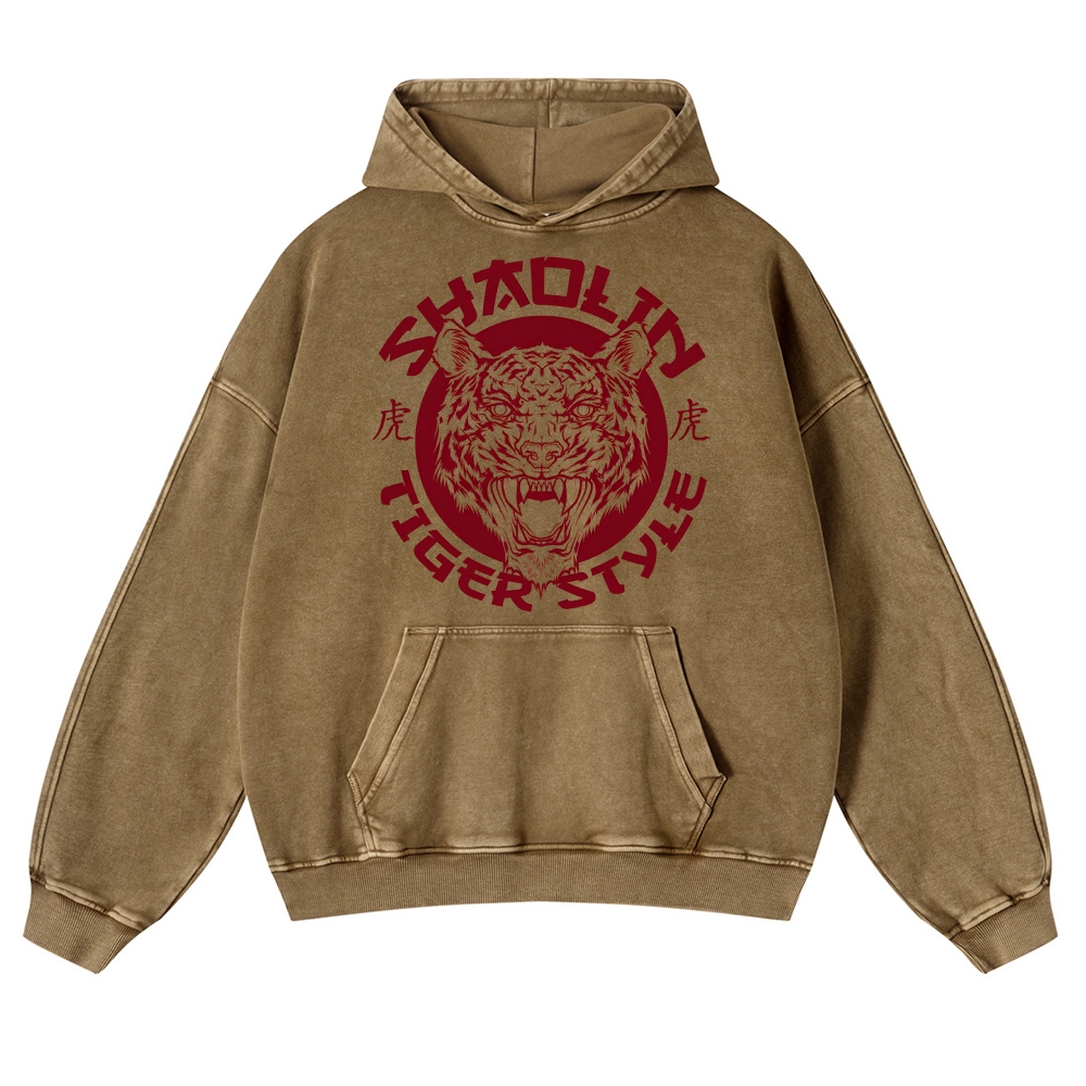 Tiger Head Sign Printed Vintage Washed Hoodie-moweekender