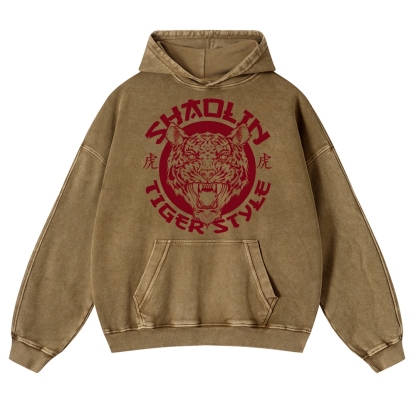 Tiger Head Sign Printed Vintage Washed Hoodie-moweekender