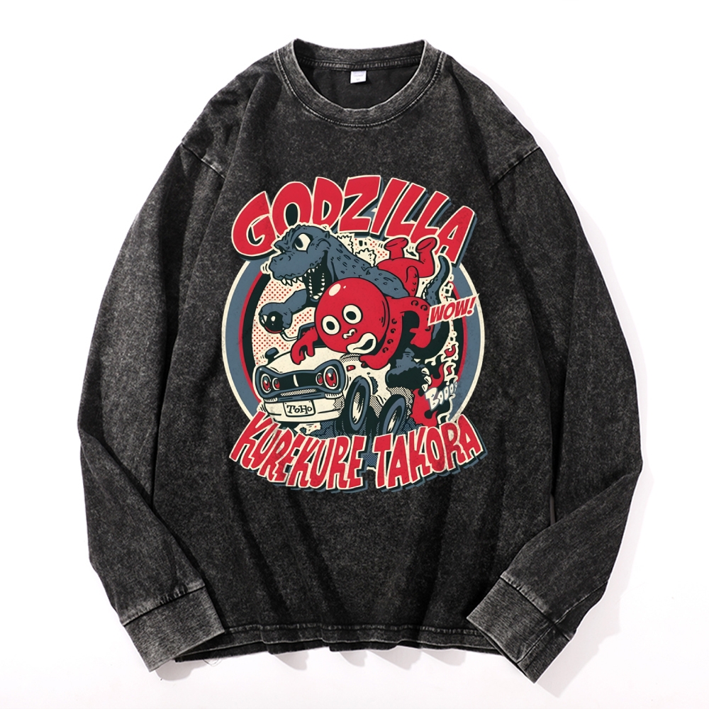Godzilla Cartoon Pattern Deep Washed Vintage Long Sleeves T-Shirt-moweekender